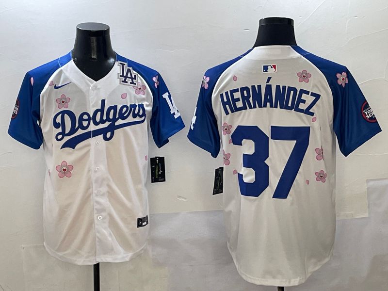 Men Los Angeles Dodgers #37 Hernandez White Blue Sakura Edition 2025 Nike MLB Jersey style 8